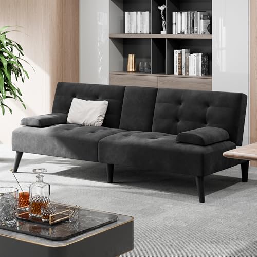 Image of Shintenchi Futon Sofa Bed, Velvet Foldable Couch, Reclining Sleeper with Removable Armrests, Upholstered Loveseat Sofa Couch with Folding Cup Holders for Home, Office(Black)