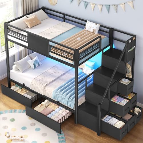 BTHFST Bunk Bed Twin Over Twin with Stairs, Storage Drawers and LED Lights