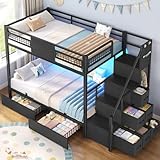 BTHFST Bunk Bed Twin Over Twin with Stairs, LED Lights Twin Bunk Bed with 2 Storage Drawers & 6 Fabric Drawers, Metal Twin Loft Beds with Guardrail & Stairs, Space Saving, Sturdy Frame for Teens