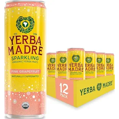 Yerba Madre Organic Sparkling Yerba Mate, Pink Grapefruit, 115mg Natural Plant Based Caffeine, Smooth Energy & Focus, Carbonated, 12oz Cans (Pack of 12) (Packaging May Vary)