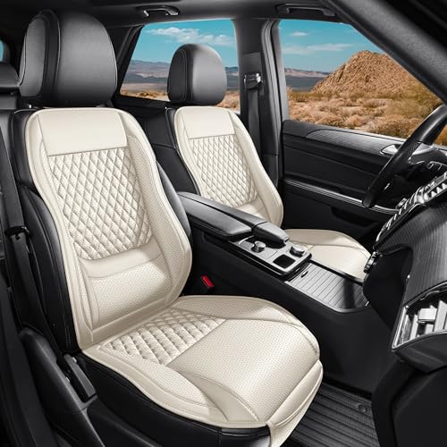 AuraSettle Premium Perforated Napa Leather Car Seat Covers Semi Universal Fit with Lumbar Support, Storage Bag for SUV Sedan Truck (Light Beige, Front Row Two Seats)