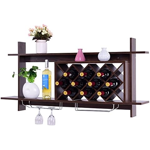 COSTWAY Wall Mounted Wine Rack with Glass Holders Cover