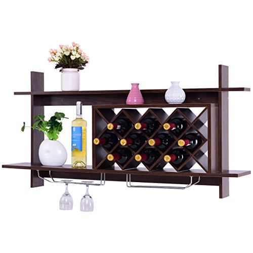 COSTWAY Botellero Vino para 10 Botellas, Botellero Pared con 2 Nivel de 120 x 58,5 x 20 cm, Estantería de Botellas de Vino de Madera Montado en la Pared, para Cocina, Bodega, Bar