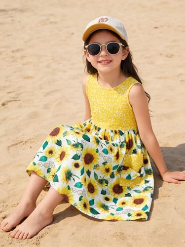Vieille 5T Dresses for Girls Sunflower Dress Size 6 with Pockets Yellow Floral Tie Back Sundress for Beach — view 4