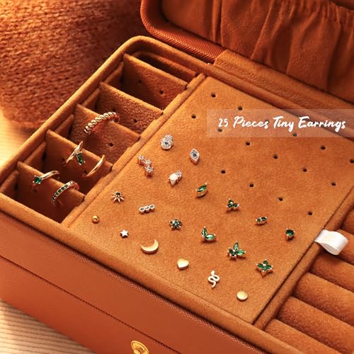 KRFY 25Pcs Hypoallergenic Surgical Steel Earrings for Sensitive Ears 14K Gold Plated Flat Back Cartilage Earrings for Women Men Screw Back Flatback Stud Hoop Earring Set for Multiple Piercing3
