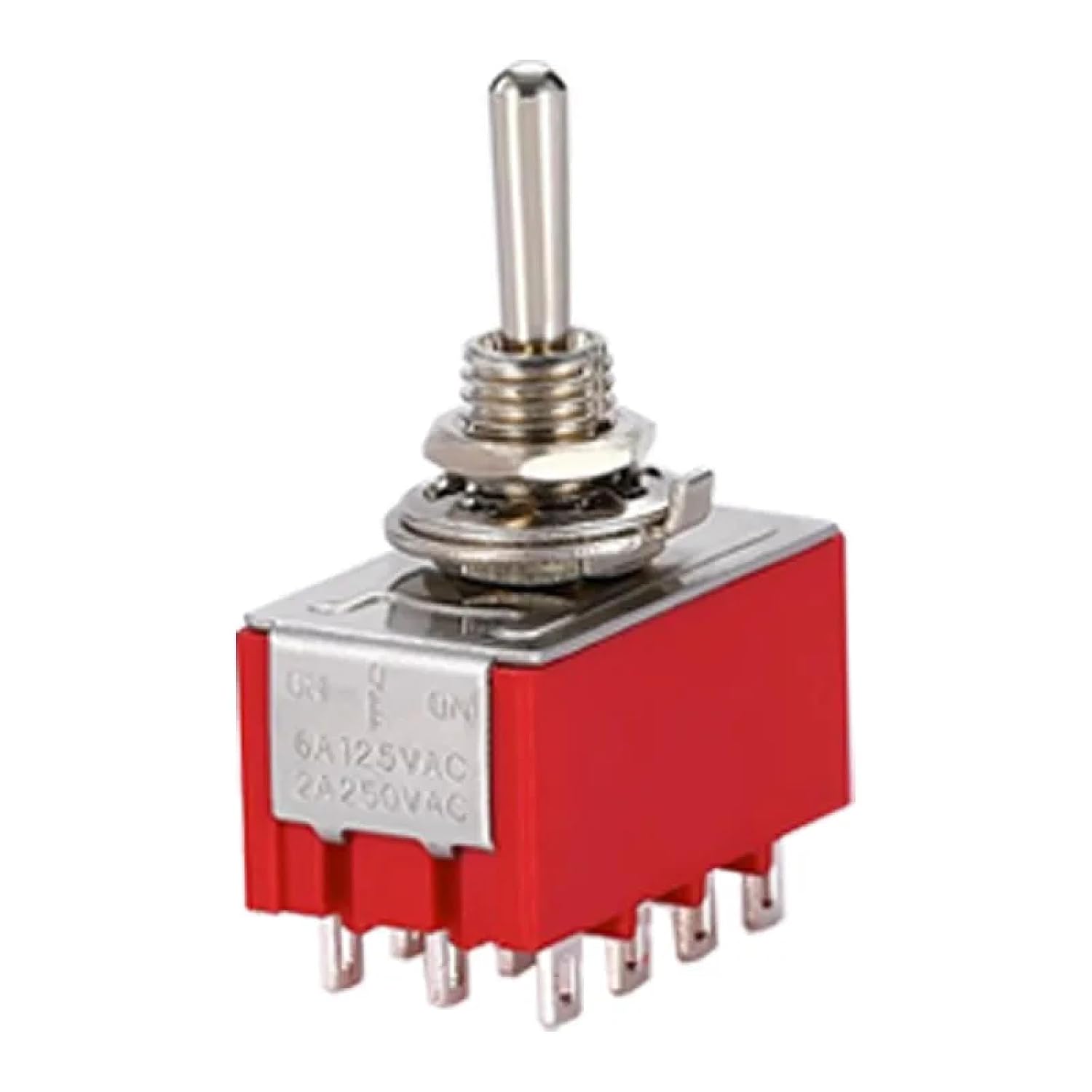 MTS-402 DPDT Mini Toggle Switch, Red, 12-Pin ON-ON Configuration, 6A/125V AC Rating, 6mm Mount, 10000 Cycle Life (MTS-402ON-OFF)