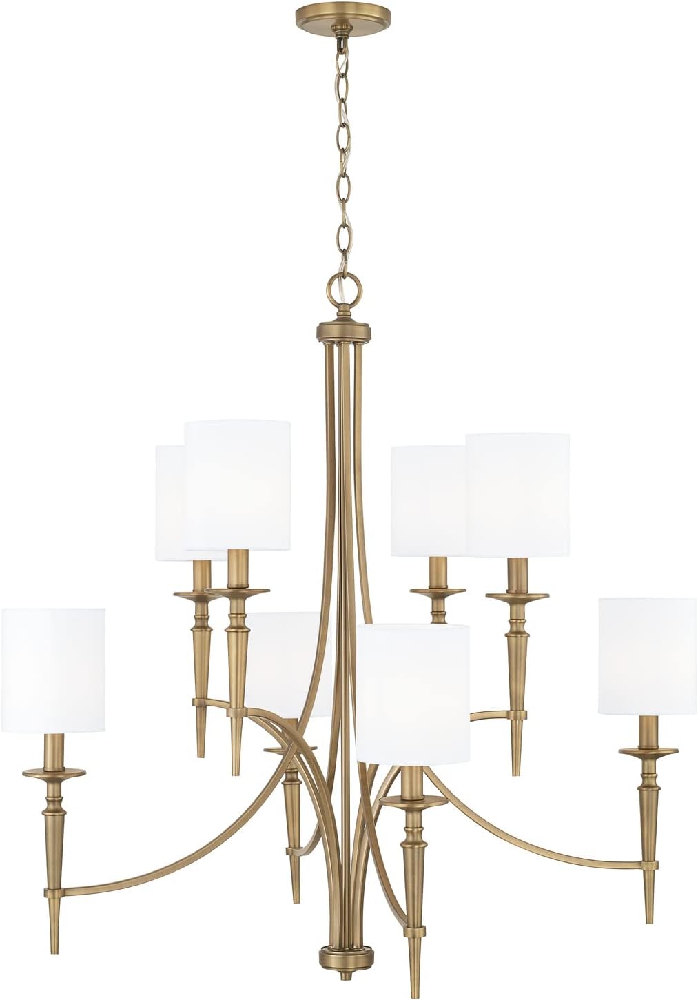 Capital Lighting 442681AD-701 Abbie Transitional White Fabric Stay-Straight Shades Chandelier, 8-Light 480 Total Watts, 36" H x 37" W, Aged Brass