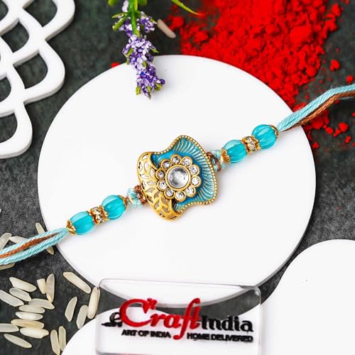 Image of eCraftIndia Blue Golden Beautiful Flower Designer Rakhi for Brother | Raksha Bandhan Rakhi for Bhai Bhaiya