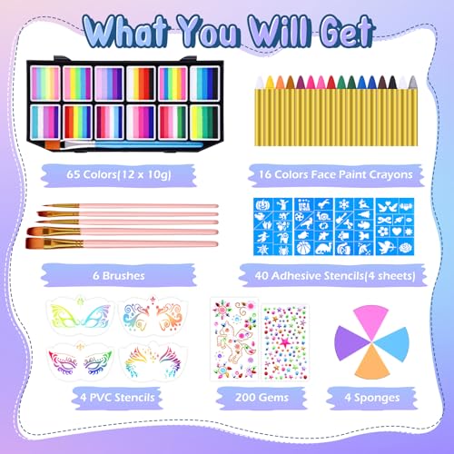 Professional 65 Colors Face Painting Kit for Kids & Adults, Non-Toxic Water Based Rainbow Split Cakes Face Paint Palette 12 x 10gm with Crayons, Stickers, Stencils, Sponges, Brushes, Gems