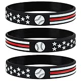 Sainstone Baseball Inspirational Silicone Bracelets with American Flag, Thin Red Line Motivational R
