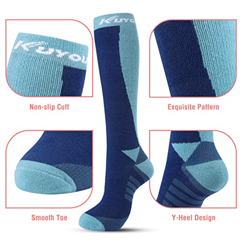 Kuyou Ski Socks Women Men, 3 Pair Extra Thick Warm Snow Winter Skiing Socks Long Knee High Snow Snowboarding Skiing Socks (Rose Red + Carmine Red + Dark Blue) #TOP1
