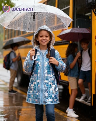 Image of WELAKEN Girls Sequin Raincoat Waterproof Reusable Hooded Outwear Rain Jacket with Lining