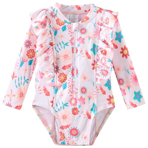 LIBREDGE Toddler Girls Swimsuit One Piece Long Sleeve Rash Guard 5t Bathing Suit Summer Kids Swimwear Born to the Sun 5T