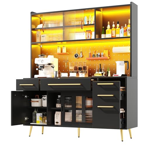 DRIXNO Küchenschrank, Buffetschrank mit LED-Beleuchtung, Sideboard mit Schubladen, Aufbewahrungsschrank, Esszimmerschrank für Küche, Wohnzimmer, Esszimmer, 145x39x171 cm, Schwarz