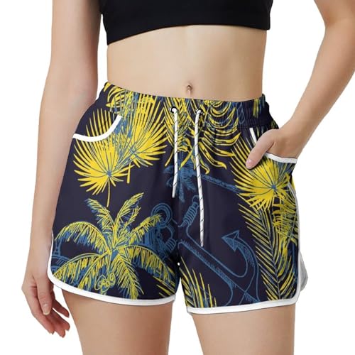 AYUNIX Women's Running Shorts with Pockets Quick Dry Performance Shorts for Women Hawaii Tree Leaf Athletic Workout Shorts White, Small