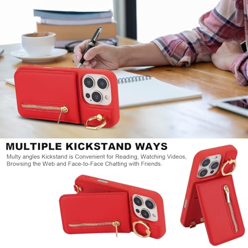 Jcxtrombulous Crossbody Wallet Case for iPhone 14 Pro Max with Lanyard Strap Card Slot Holder RFID Blocking Ring Kickstand,Magnetic Flip Folio Zipper Purse Case, PU Leather Cover Handbag,Red by Jcxtrombulous - Used condition - Image 7