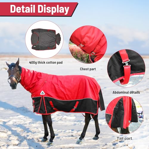 Image of 1680D Waterproof Winter Horse Blanket,Horse Turnout Blanket Belly Wrap,Thickened Horse Sheet with Detachable Neck Cover(400g Fill) (US 78IN (EU 145cm))