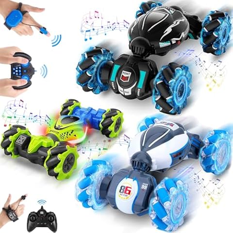 Fosgoit Gesture RC Stunt Car Toy for Kids 6-12, 2.4Ghz 4WD RC Car Off-Road 360° Rotate Drift with Lights Music, Birthday Xmas Gifts for Kids Aged 6 7 8 9 10 11 12, RC Car Toys for Boys Girls, 3 Cars Cover