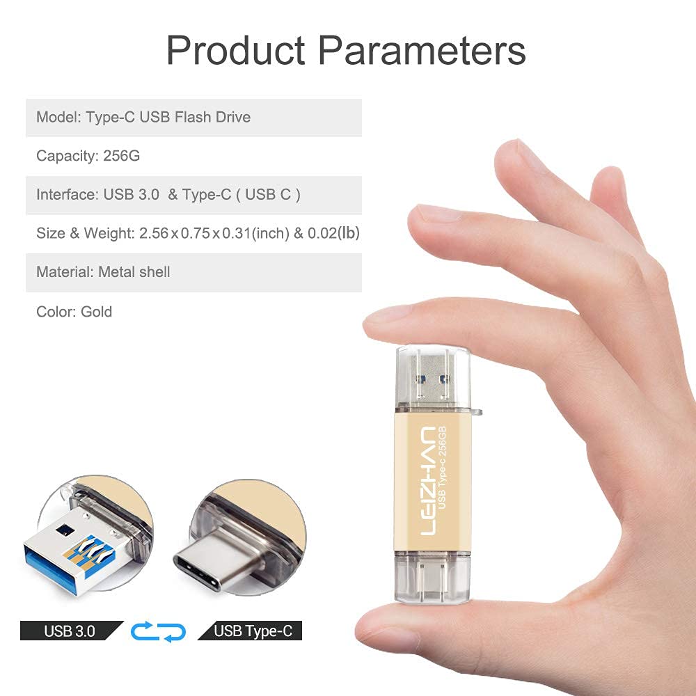 Pamięć USB 256 GB, typ C Memory Stick OTG, pamięć 2 w 1, pamięć flash, USB 3.0, Pen Drive do komputera/laptopa/notebooka i innych USB-C (256 GB, złoty)