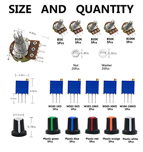 Potentiometer Kit, 1K ohm-100K ohm Multiturn Trimmer Potentiometer 3296W, 5K 10K 20K 50K 100K Ohm Single Linear Taper 3 Pins Rotary Potentiometers Resistor with Pots Knobs Kit - Thumbnail 3