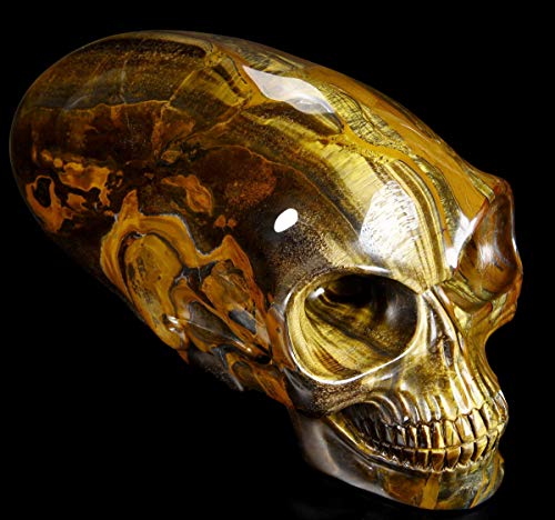 Skullis 11.8" Gold Tiger Eye Crystal Alien Skull, Hand Carved Gemstone Fine Art Sculpture, Reiki Healing Stone Statue. #TOP1