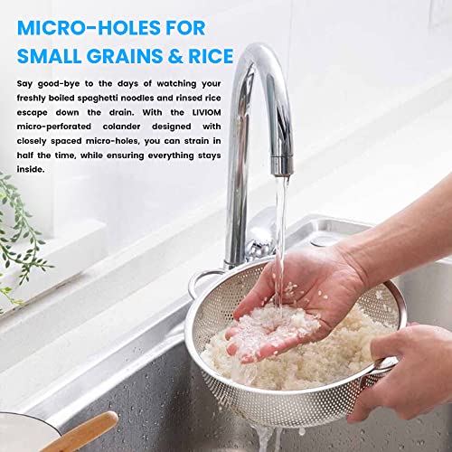 Premium Stainless Steel Colander - Self Draining Kitchen Strainer With Safety Handles & Stable Ring Base - Micro Perforated For Washing/Straining Rice, Spaghetti And Small Grains - 11 Inch #TOP3