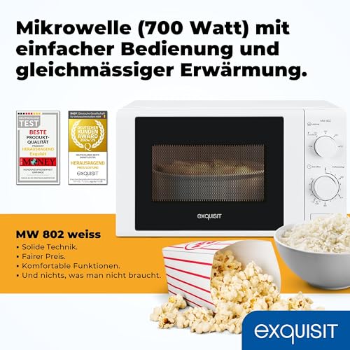 Exquisit Mikrowelle 20L, 700 Watt, Einfache Bedienung, 25,5cm Drehteller, 5 Leistungsstufen, Timer, Auftaufunktion, 2 Drehregler, MW 802 weiss – Bild 3