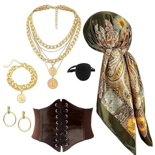 RxaGtn Disfraz de pirata verde marrón para mujer, 6 piezas, accesorio para disfraz de pirata, accesorio para mujer, con tocado, collar, pulsera, antiojos, pendientes y cinturón, ideal para carnaval