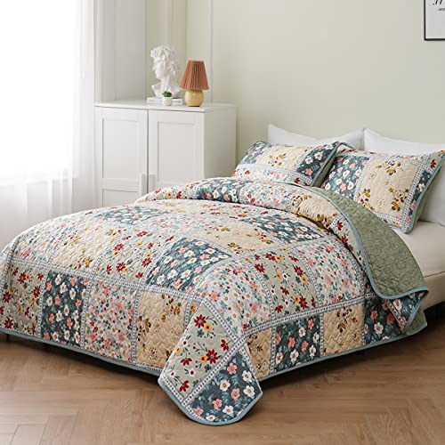 Tasselily 3-Piece Patchwork Queen Quilt Set, Soft Microfiber Plaid Floral Bedspread Queen Size, Green Reversible Summer Quilt Bedding For All-Season #TOP2