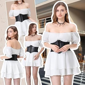 Joellfuner Piratenkostuum voor dames, piratenkostuum, damesoutfit, off-shoulder, witte jurk met korset, kous, tailleketting en halsketting, piratenkostuum voor Halloween, carnaval, piratenfeest