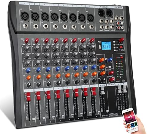 8-Channel Wireless Audio Mixer,Professional DJ Equipment, Console with Bluetooth USB, DJ Mixer with Effects, Sound Board with 48V Power, RCA Input/Output for Professional and Beginners (8-Channel)