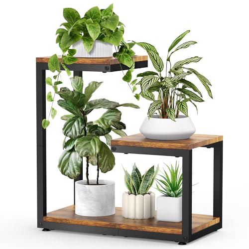 YOCOMEY 3 Tier Plant Stand Indoor, Thickened Metal Wood Corner Plant Shelf Stands for Multiple Plants, Indoor Tall Plants Stand Tiered Flower Holder for Living Room Patio Garden Balcony(Black+Brown)