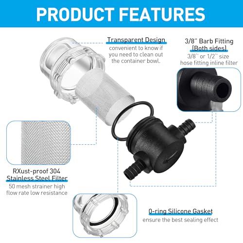 Image of Dreyoo 1 Piece Water Pump Strainer 3 /8 ID Hose Barb, Mesh Filter Screen Inline Twist-on Plumbing Strainer 12v Dc for Rv Sprayer Marine Boat Camper Lawn