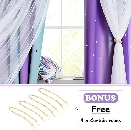 NICETOWN Kids Curtains with Voile - Stars Blackout Curtains for Bedroom Colourful Double Layer Star Cut Out Stripe Window Curtains, 1 Pair, 52 inch x 54 inch Drop, Purple Blue
