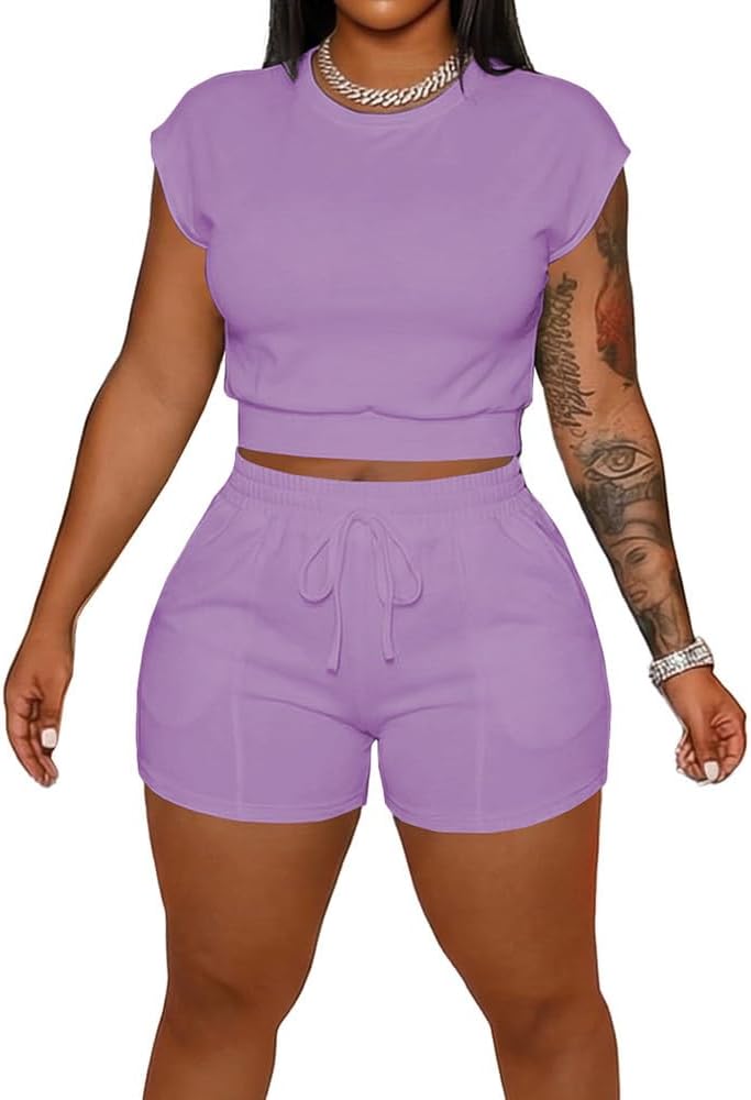 HBQ Women's Short Sets 2 Piece Summer Outfits Cap Sleeve Crop Top and Shorts Casual Lounge Matching Sets