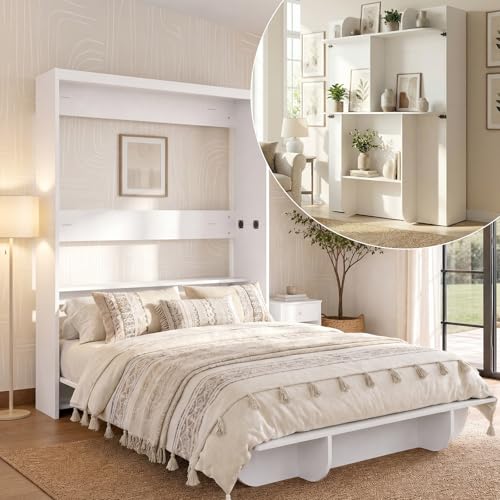 Mjkone Queen Size Wall Murphy Bed with Storage Shelf, White