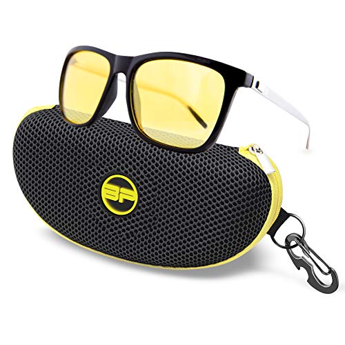 Night Driving Glasses - Semi Polarized Yellow Tint Anti Glare HD Lens Clear Vision - Unbreakable Metal Frame with Car Clip Holder - Knight Visor… (Black Yellow Lens)