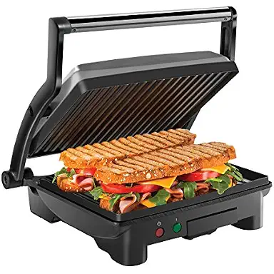 Chefman Panini Press Grill and Gourmet Sandwich Maker Non-Stick Coated Plates, Opens 180 Degrees to Fit Any Type or Size of Food, Stainless Steel Surface and Removable Drip Tray, 4 Slice, Black