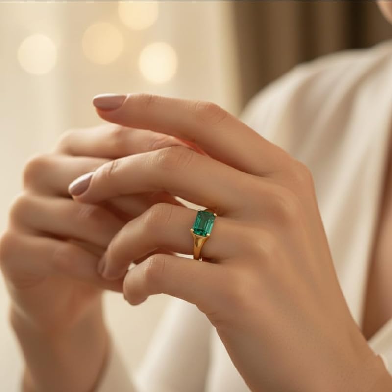 Emerald Cut Green Gemstone Ring in 14K Gold Plated Silver Horizontal East West SettingGarden Minimalist Jewelry for Her Handmade Jewelry GMR103