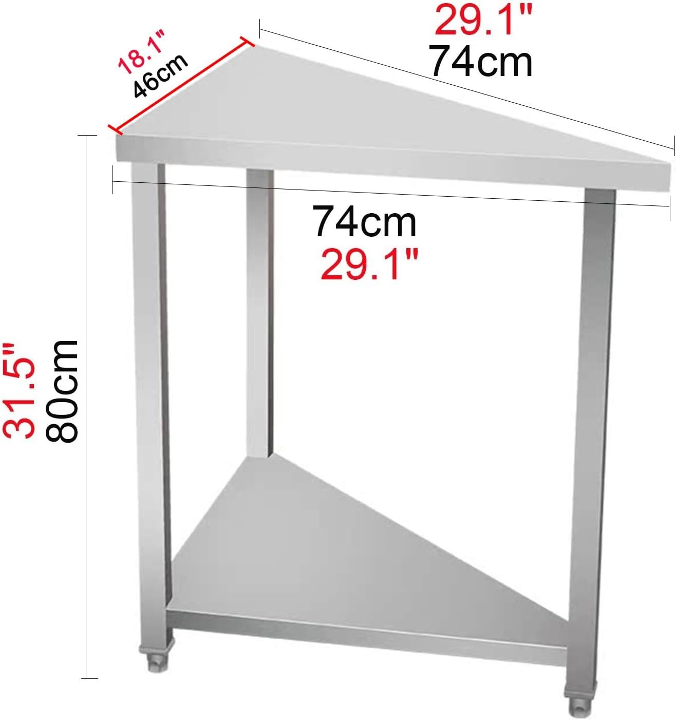 2 Layer Stainless Steel Work Table Triangular Design Prep Table Kitchen Restaurant Workbench Thicker Legs and Feet Commercial Heavy Duty Worktop