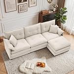 Korser L Shaped Modern Sofa, Convertible Modular Sectional Cloud Couch with Movable Ottoman, Chenille Sofa with Deep Seat & Pillow, 3-Seat Couches for Living Room, Beige
