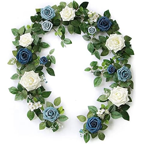 PONATIA 5FT Handcrafted Artificial Rose Flower Garland, Dusty Blue Flowers Greenery Garland for Wedding Ceremony Garlands Backdrop Arch Flowers, Ceremony Reception Table Decorations Cover