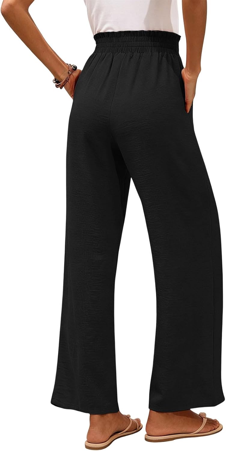 Lmdudan Women's Paperbag Waist Pants Bow Tie Wide Leg Loose Fit Draped Pants Casual Vacation Palazzo Trousers with Pockets