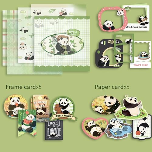 Image of The AutoStory Bear Scrapbook Album A6 Junk Journal Notebook Cute Animal Stickers Bamboo Collage Paper Washi Tape DIY Craft Art Making Stationery Present Teen Girls Set (Lovely Pandas, Green)