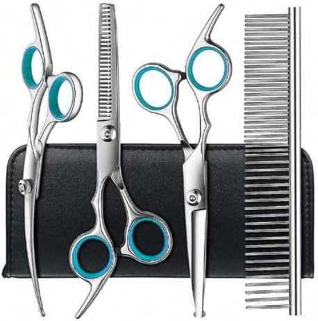 Grooming - ELPREFY Pet Scissors Beauty Care Fish Mouth Safety 6 inch Straight Flat Scissor Upturned Scissors Teeth Steel Comb Blue