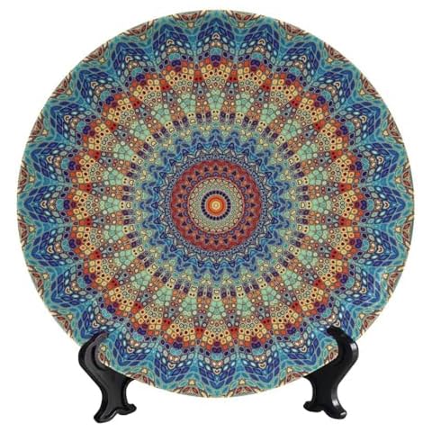 Bictucem Colorful Decorative Plates, 10 Inch, Blue Mandala Boho Round Display Plate, Decorative Plates with Stand, for Home Kitchen Bedroom Decorative Ornaments Cover