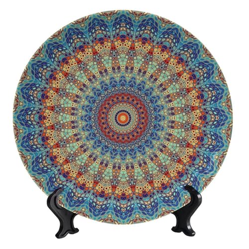 Bictucem Colorful Decorative Plates, 10 Inch, Blue Mandala Boho Round Display Plate, Decorative Plates with Stand, for Home Kitchen Bedroom Decorative Ornaments