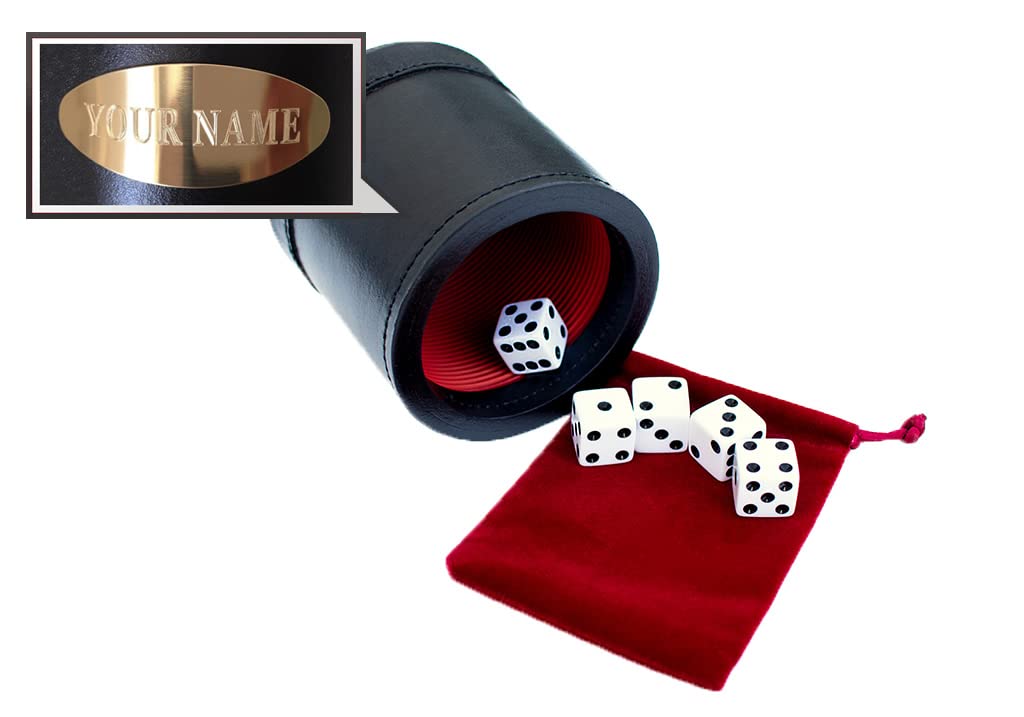 Alex Cramer Golden Gate Dice Shaker Cup Set - 5 White Dice, Drawstring Pouch & Book of Dice Games (Liar’s Dice) Included - Leather Dice Cup - Quiet