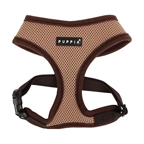 Puppia Soft Dog Harness No Choke Over-The-Head Triple Layered Breathable Mesh Adjustable Chest Belt and Quick-Release Buckle, Beige, Medium