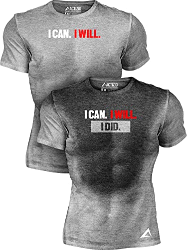 Actizio Sweat Activated Funny Workout Men's Shirt, I Can I Will (Medium) Athletic Heather